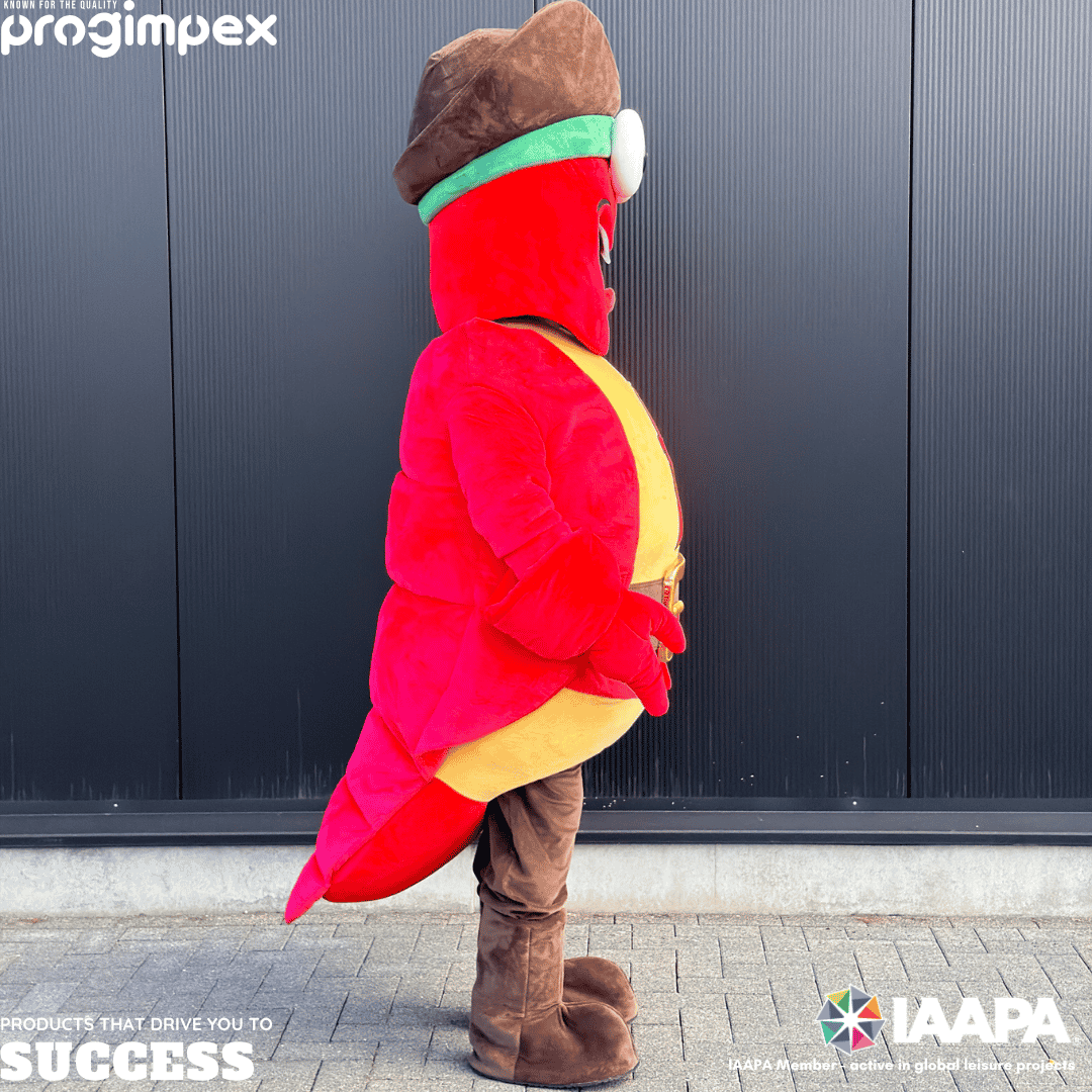 Full-size Fjordy lobster mascot showing how the distinctive colours, facial expression and pirate-inspired details of the Fjord Line character are translated into a physical costume. custom mascot design